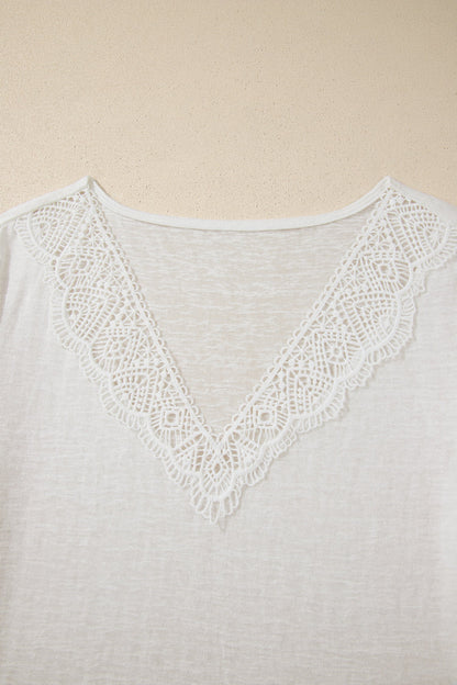 Solid Hollowed Lace Trim V-Neck T-Shirt