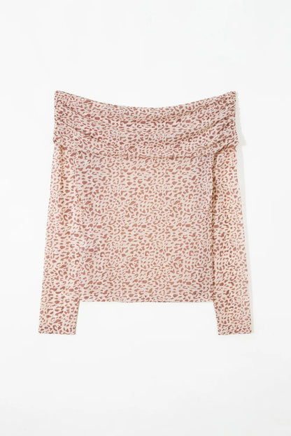 Leopard Mesh Off-Shoulder Long Sleeve Top