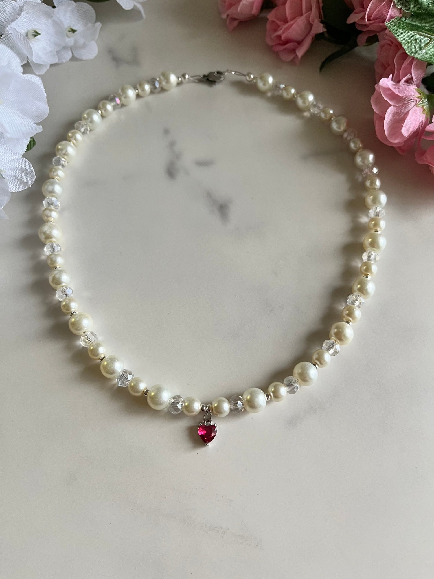 Silver Necklace Heart Pendant Glass &amp; Pearl