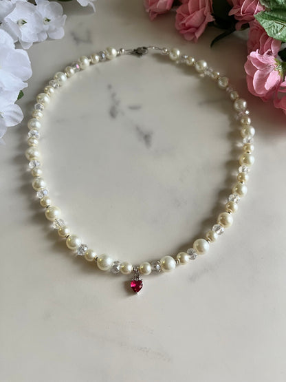 Silver Necklace Heart Pendant Glass &amp; Pearl