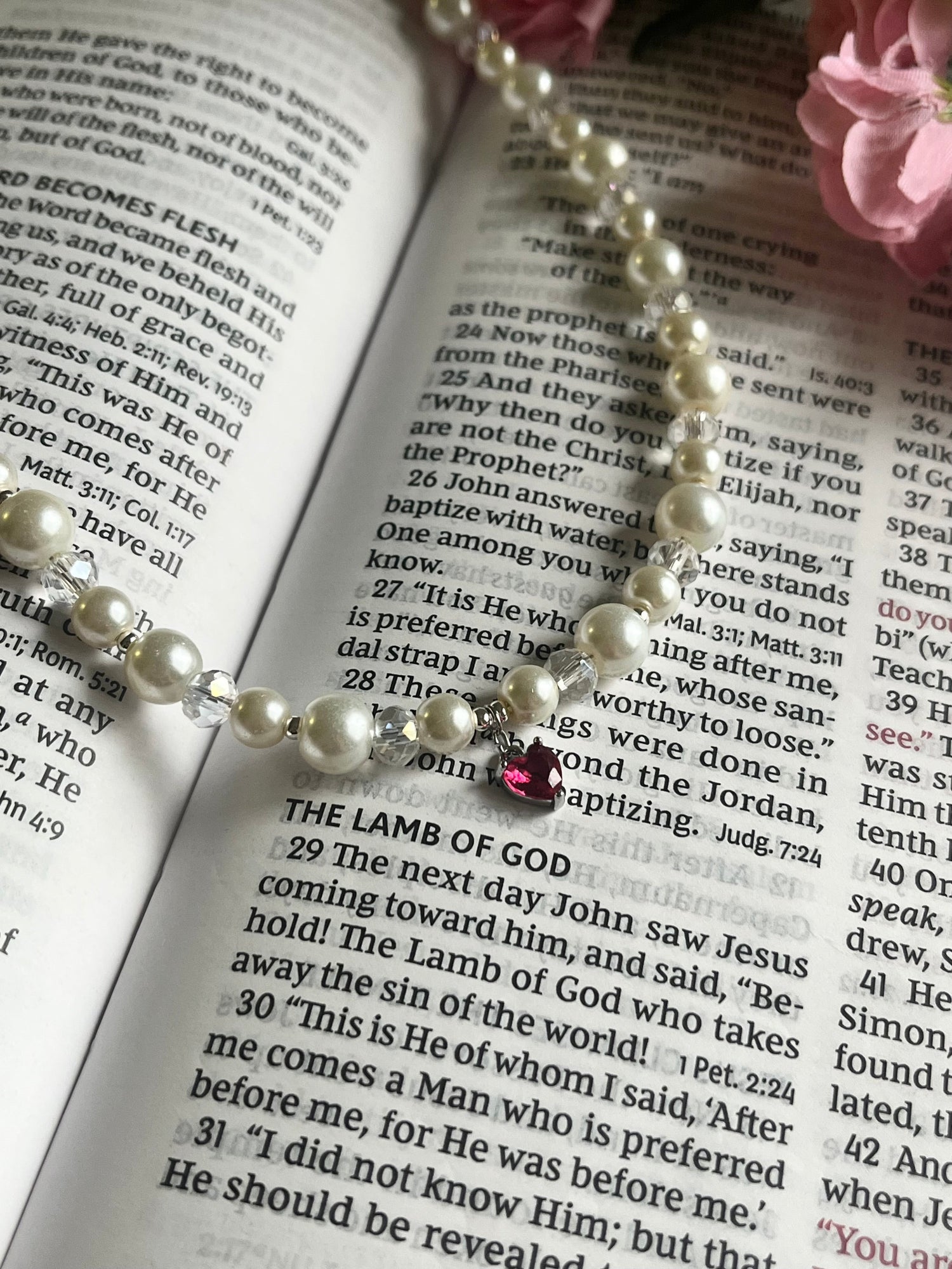 Silver Necklace Heart Pendant Glass &amp; Pearl