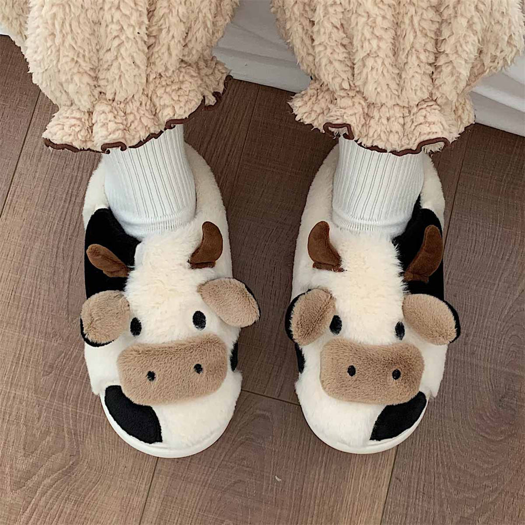 Cartoon Cow  Fluffy Fur Winter Warm Home Slippers | ZAKAPOP