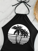 Coconut Tree Halter Tie Neck Backless Stretchy Swimsuit | ZAKAPOP
