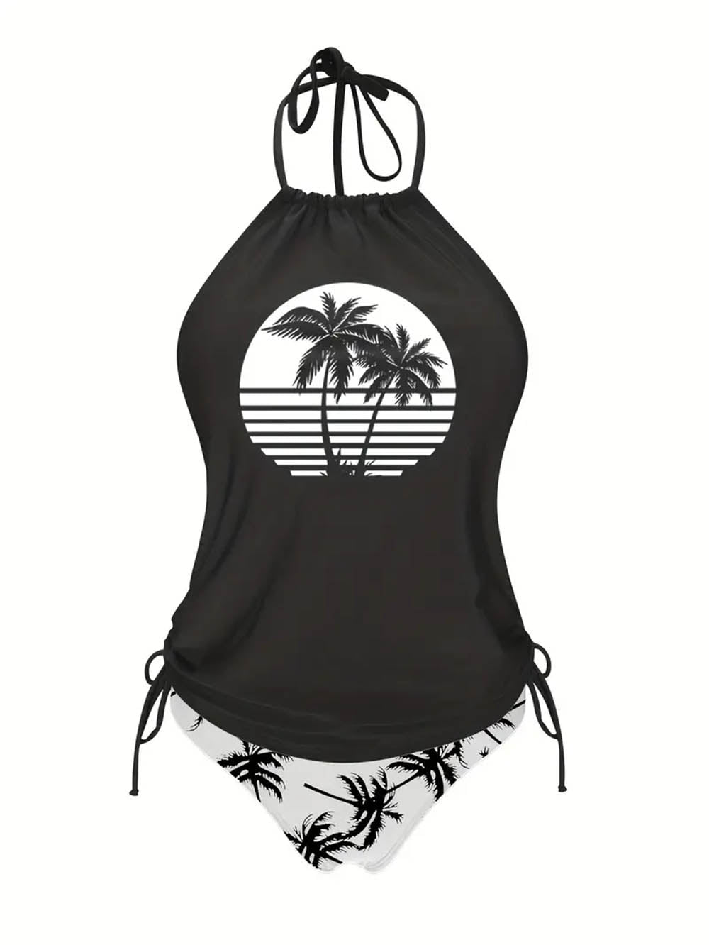 Coconut Tree Halter Tie Neck Backless Stretchy Swimsuit | ZAKAPOP
