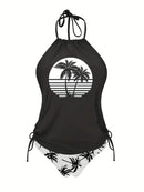 Coconut Tree Halter Tie Neck Backless Stretchy Swimsuit | ZAKAPOP