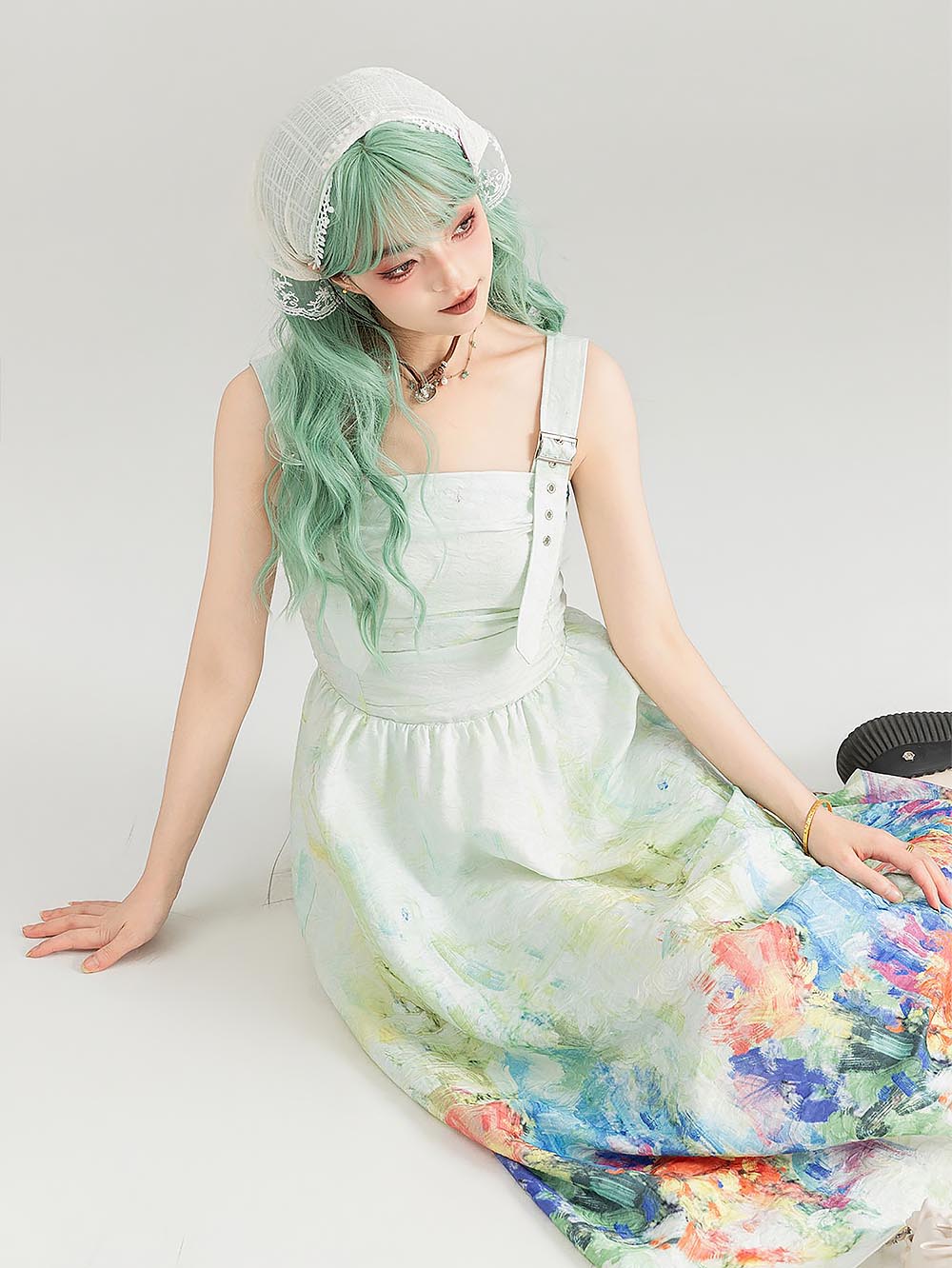 Colorful Art Jacquard Cinched-Waist Strap Dress | ZAKAPOP