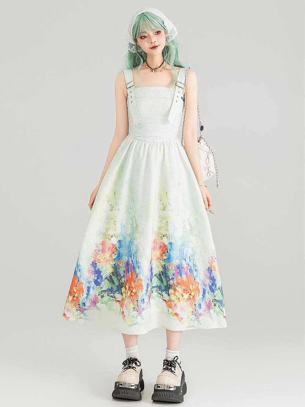 Colorful Art Jacquard Cinched-Waist Strap Dress | ZAKAPOP