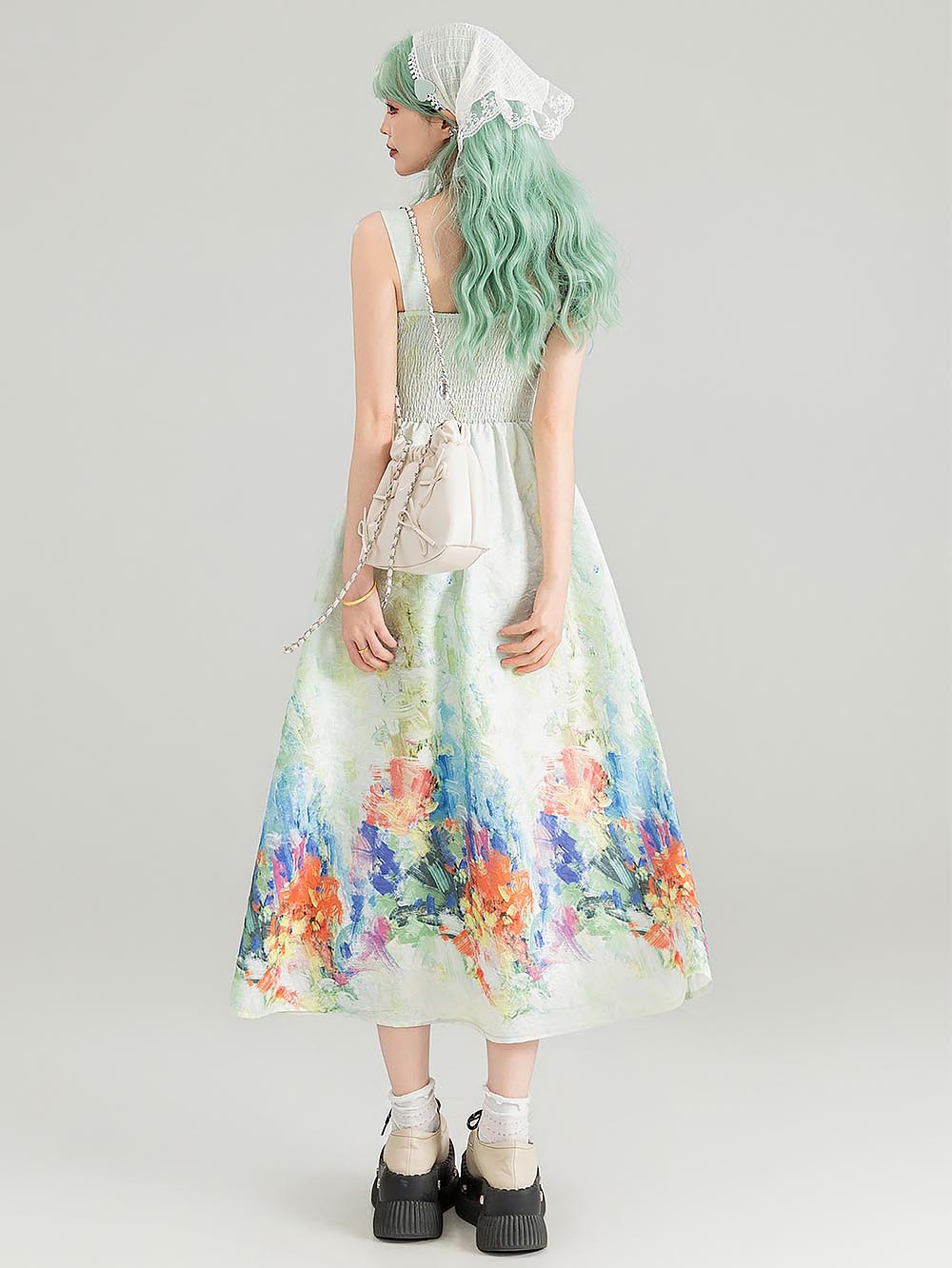 Colorful Art Jacquard Cinched-Waist Strap Dress | ZAKAPOP