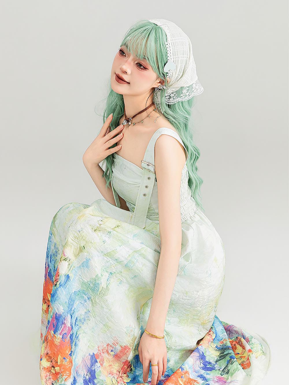 Colorful Art Jacquard Cinched-Waist Strap Dress | ZAKAPOP