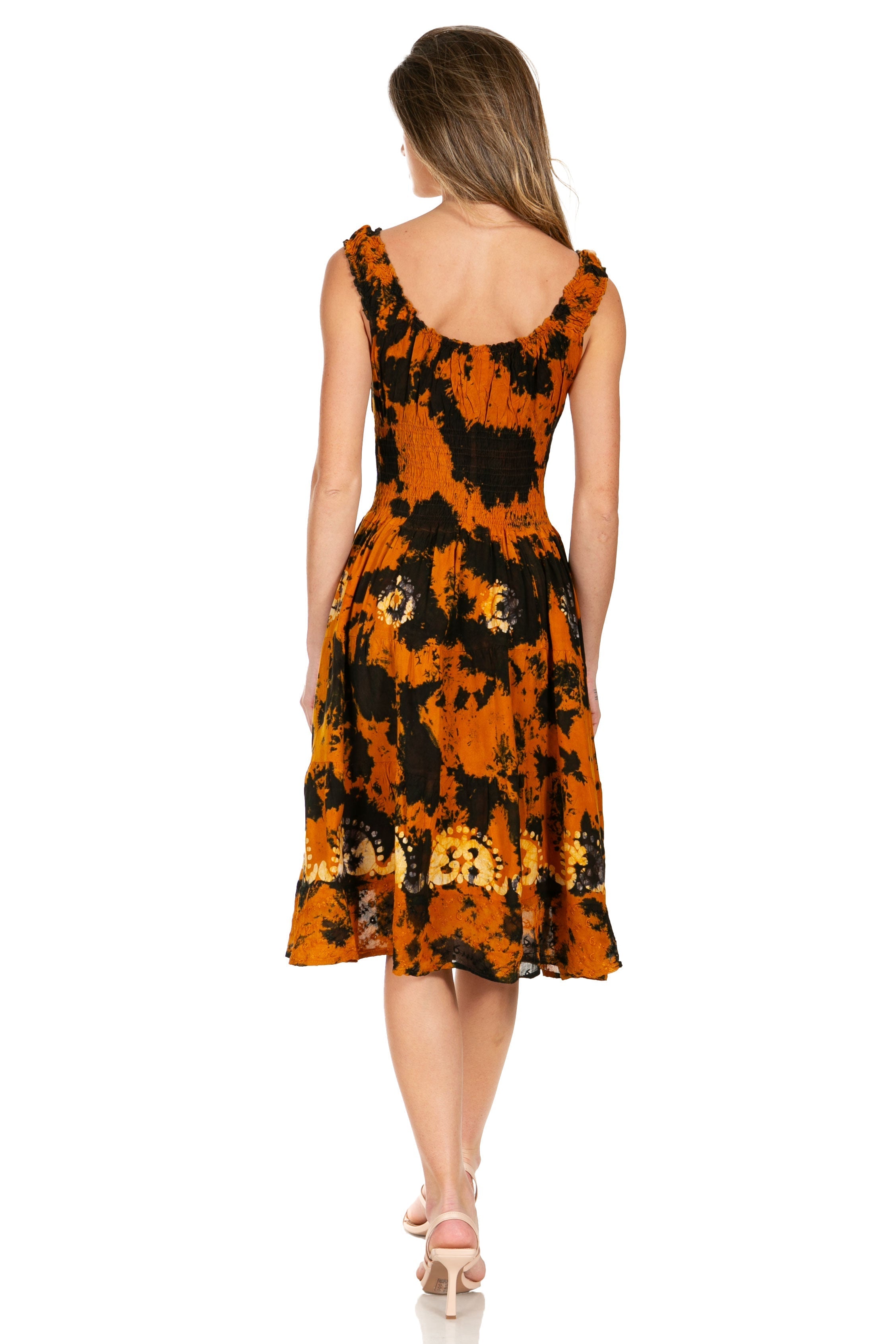 Sakkas Alba Women's Off The Shoulder Smock Ruffle Midi Dress Tie Dye & Embroidery