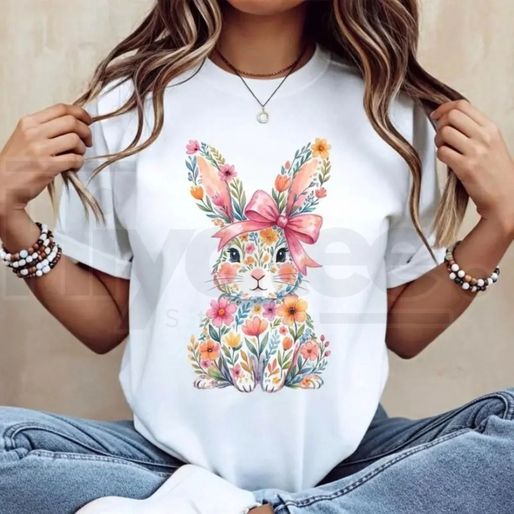 Easter Bunny Pink Bow T-Shirt – Casual Colorful Swirls Spring Festival Tee
