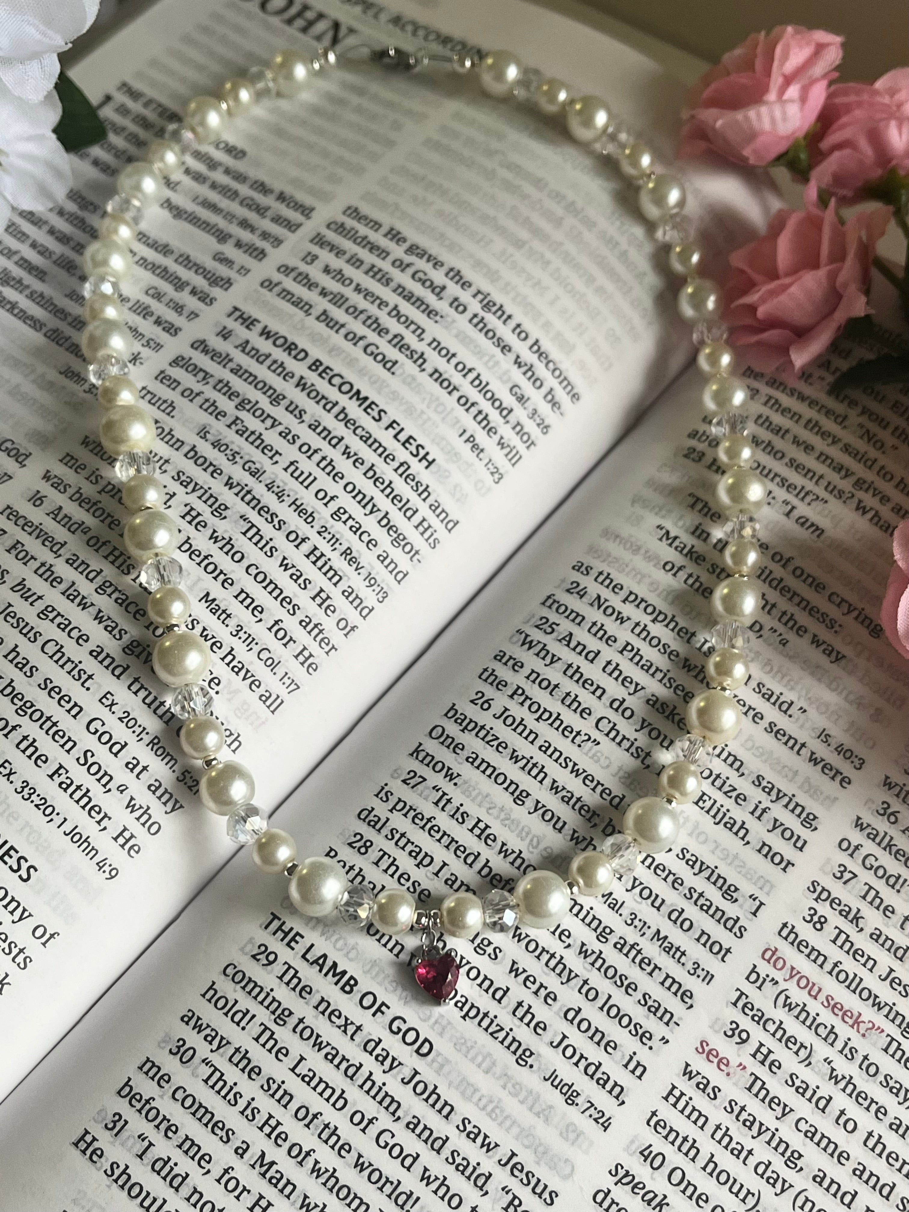 Silver Necklace Heart Pendant Glass &amp; Pearl