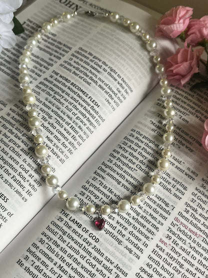 Silver Necklace Heart Pendant Glass &amp; Pearl