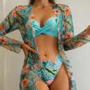 Floral Print Women Low Waist Twist Bikini Long Sleeve Cover Up Three Pieces Swimwear | ZAKAPOP