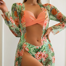 Floral Print Women Low Waist Twist Bikini Long Sleeve Cover Up Three Pieces Swimwear | ZAKAPOP