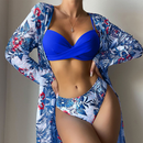 Floral Print Women Low Waist Twist Bikini Long Sleeve Cover Up Three Pieces Swimwear | ZAKAPOP