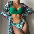 Floral Print Women Low Waist Twist Bikini Long Sleeve Cover Up Three Pieces Swimwear | ZAKAPOP