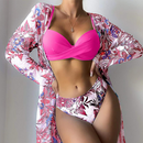 Floral Print Women Low Waist Twist Bikini Long Sleeve Cover Up Three Pieces Swimwear | ZAKAPOP