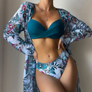 Floral Print Women Low Waist Twist Bikini Long Sleeve Cover Up Three Pieces Swimwear | ZAKAPOP