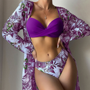 Floral Print Women Low Waist Twist Bikini Long Sleeve Cover Up Three Pieces Swimwear | ZAKAPOP