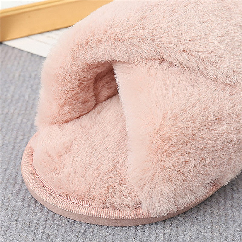 Fuzzy Cross Strap Women's Winter Flat Indoor  Slippers | ZAKAPOP