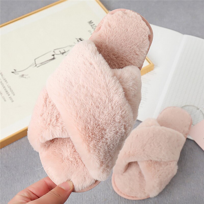 Fuzzy Cross Strap Women's Winter Flat Indoor  Slippers | ZAKAPOP