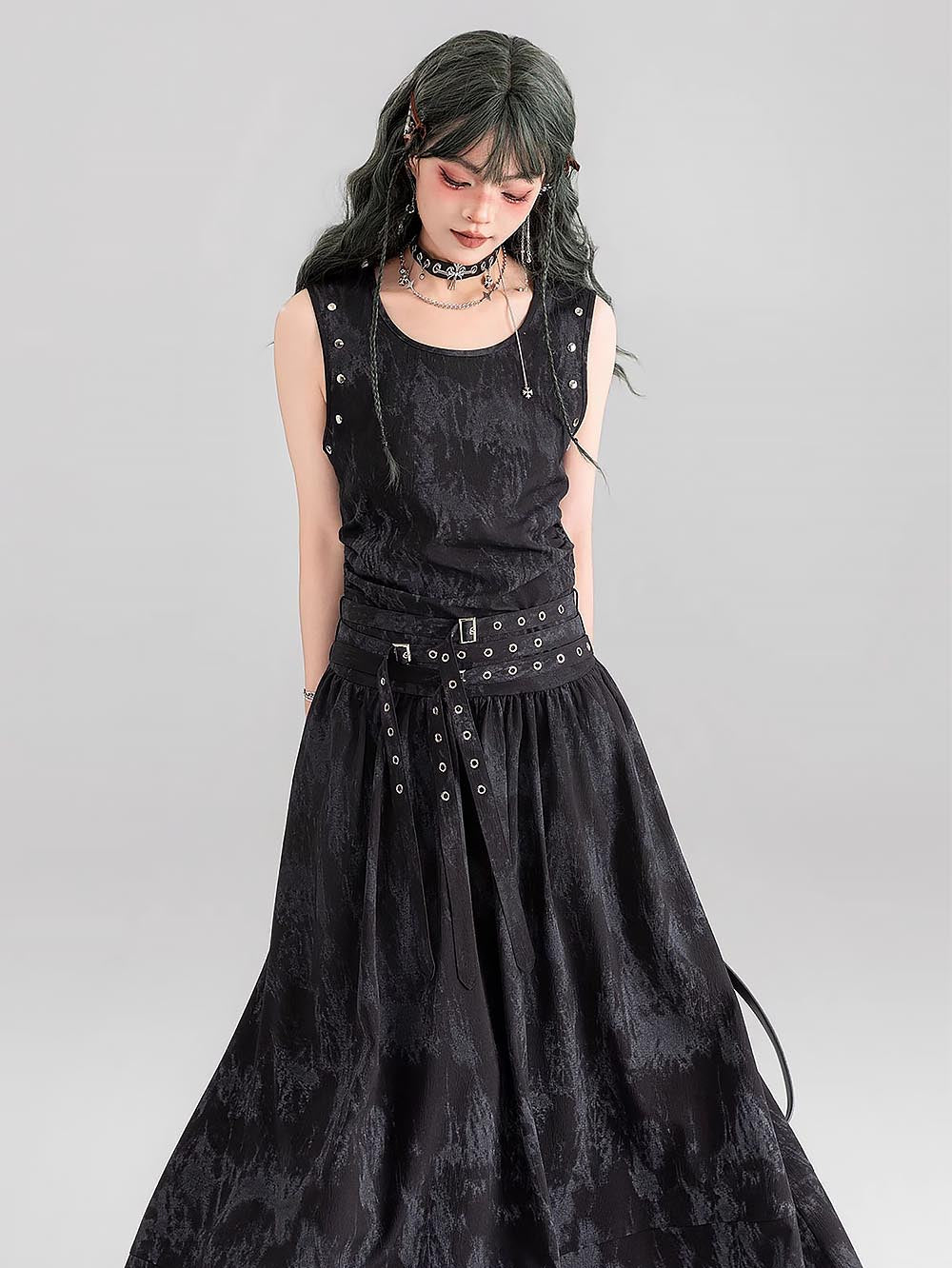 [Presale for 7 days] Gothic Tie-Dye Studded Lace-Up Sleeveless Long Dress | ZAKAPOP