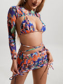 High-Waisted Drawstring Printed Three-Piece Long-Sleeve Swimsuit | ZAKAPOP