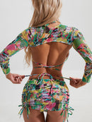 High-Waisted Drawstring Printed Three-Piece Long-Sleeve Swimsuit | ZAKAPOP