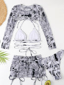 High-Waisted Drawstring Printed Three-Piece Long-Sleeve Swimsuit | ZAKAPOP