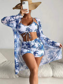 Women's Coconut Tree Print Three-Piece Set Swimsuit with Long-Sleeve Ins Hoodie | ZAKAPOP