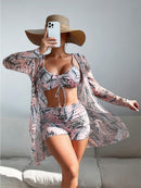 Women's Coconut Tree Print Three-Piece Set Swimsuit with Long-Sleeve Ins Hoodie | ZAKAPOP