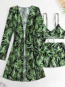 Women's Coconut Tree Print Three-Piece Set Swimsuit with Long-Sleeve Ins Hoodie | ZAKAPOP