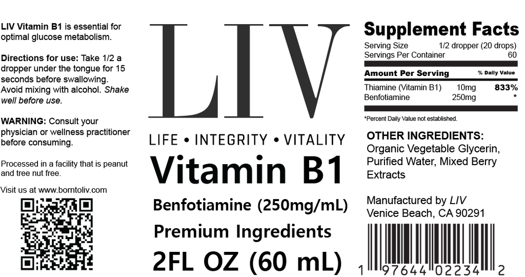 Vitamin B1 Thiamine Liquid Metabolic Booster (Benfotiamine 250mg, 60 servings)