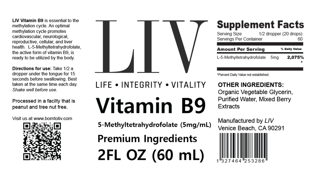 Vitamin B9 Folic Acid Liquid (5-MTHF 5,000mcg, 60 servings)