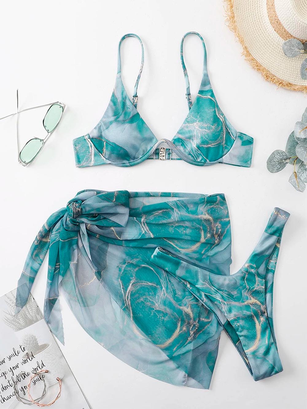 Marble Print Underwire Swimsuit With Beach Skirt | ZAKAPOP