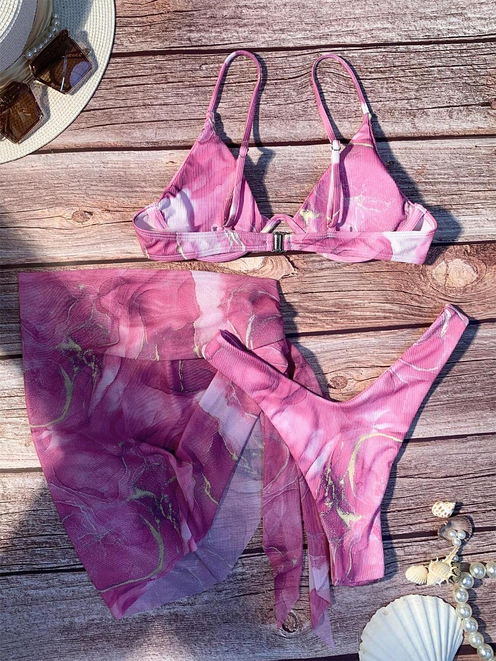 Marble Print Underwire Swimsuit With Beach Skirt | ZAKAPOP