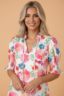 Floral Tie V-Neck Puff Sleeve Blouse
