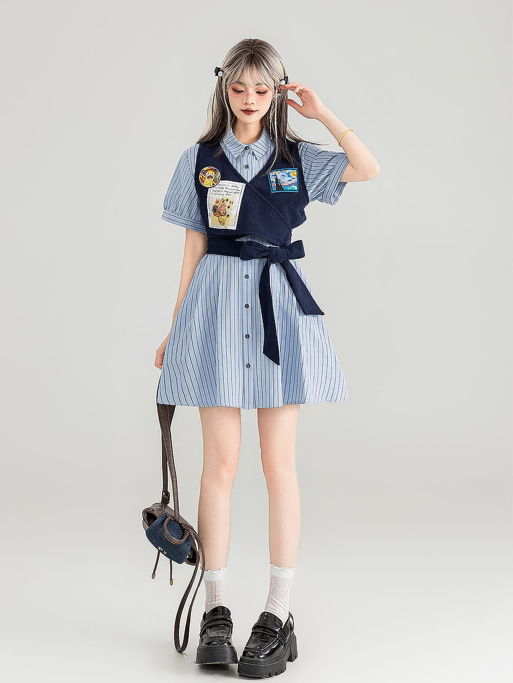Preppy Corduroy Tie Vest Layered Shirt Dress | ZAKAPOP