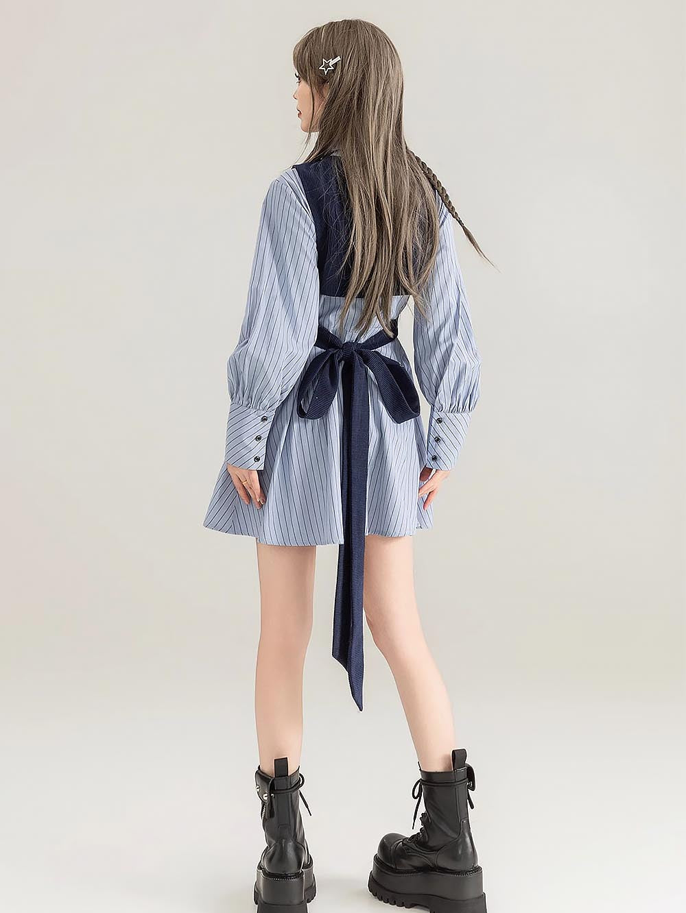 Preppy Corduroy Tie Vest Layered Shirt Dress | ZAKAPOP
