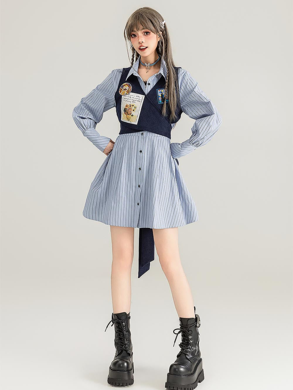 Preppy Corduroy Tie Vest Layered Shirt Dress | ZAKAPOP