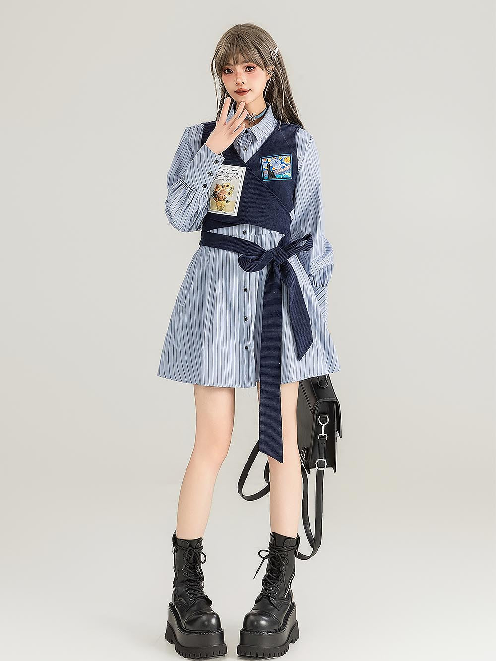 Preppy Corduroy Tie Vest Layered Shirt Dress | ZAKAPOP