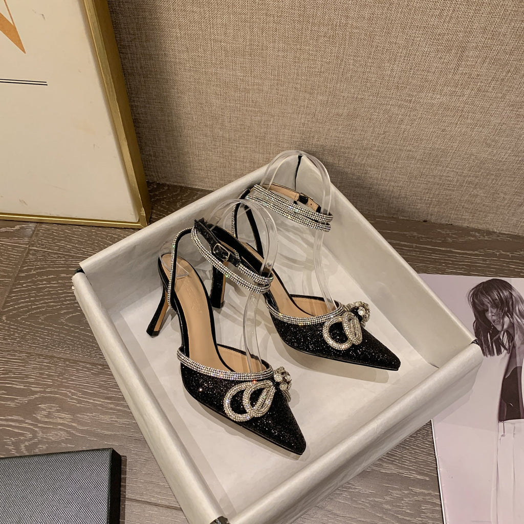 Rhinestone Bow Glitter Pointed Toe Heels | ZAKAPOP