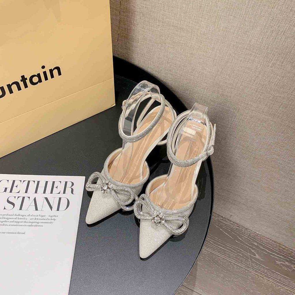 Rhinestone Bow Glitter Pointed Toe Heels | ZAKAPOP