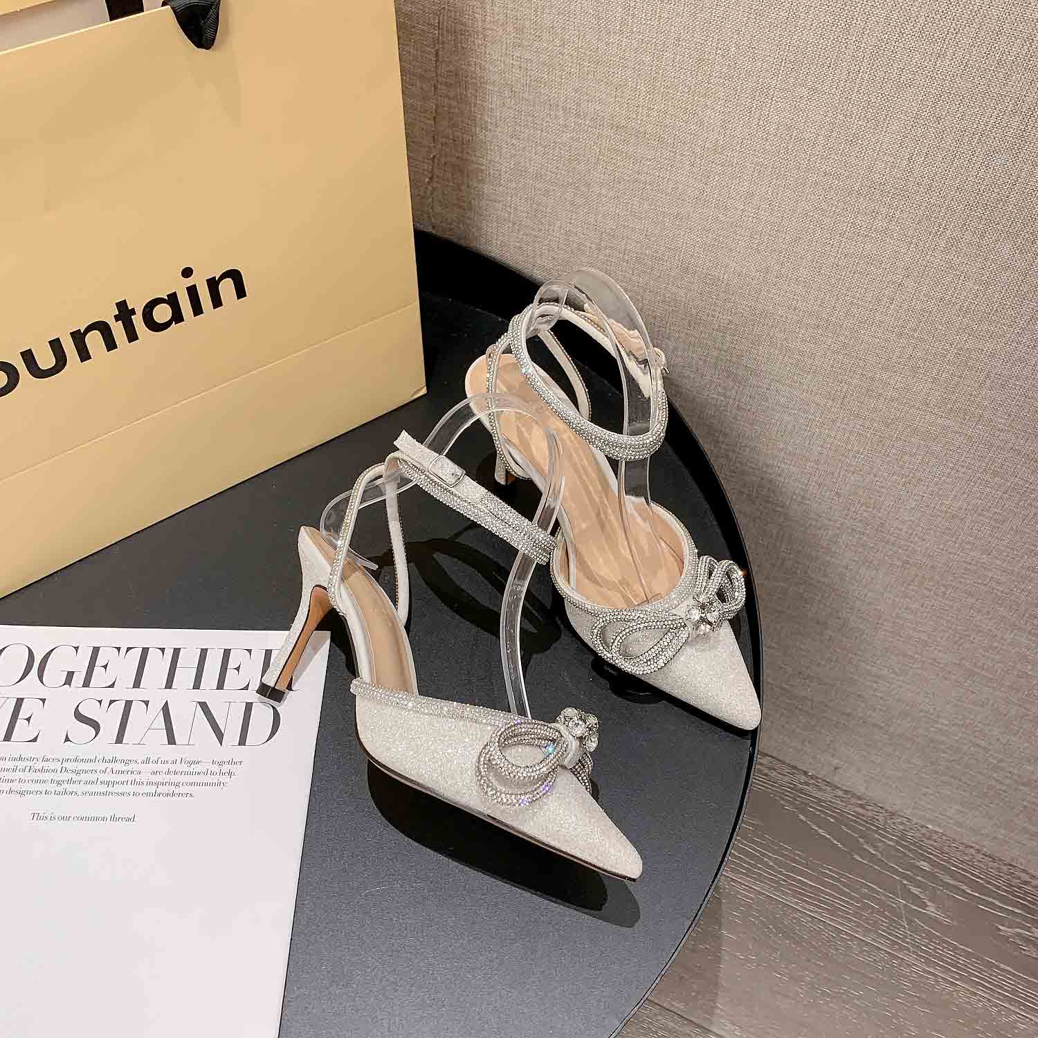 Rhinestone Bow Glitter Pointed Toe Heels | ZAKAPOP