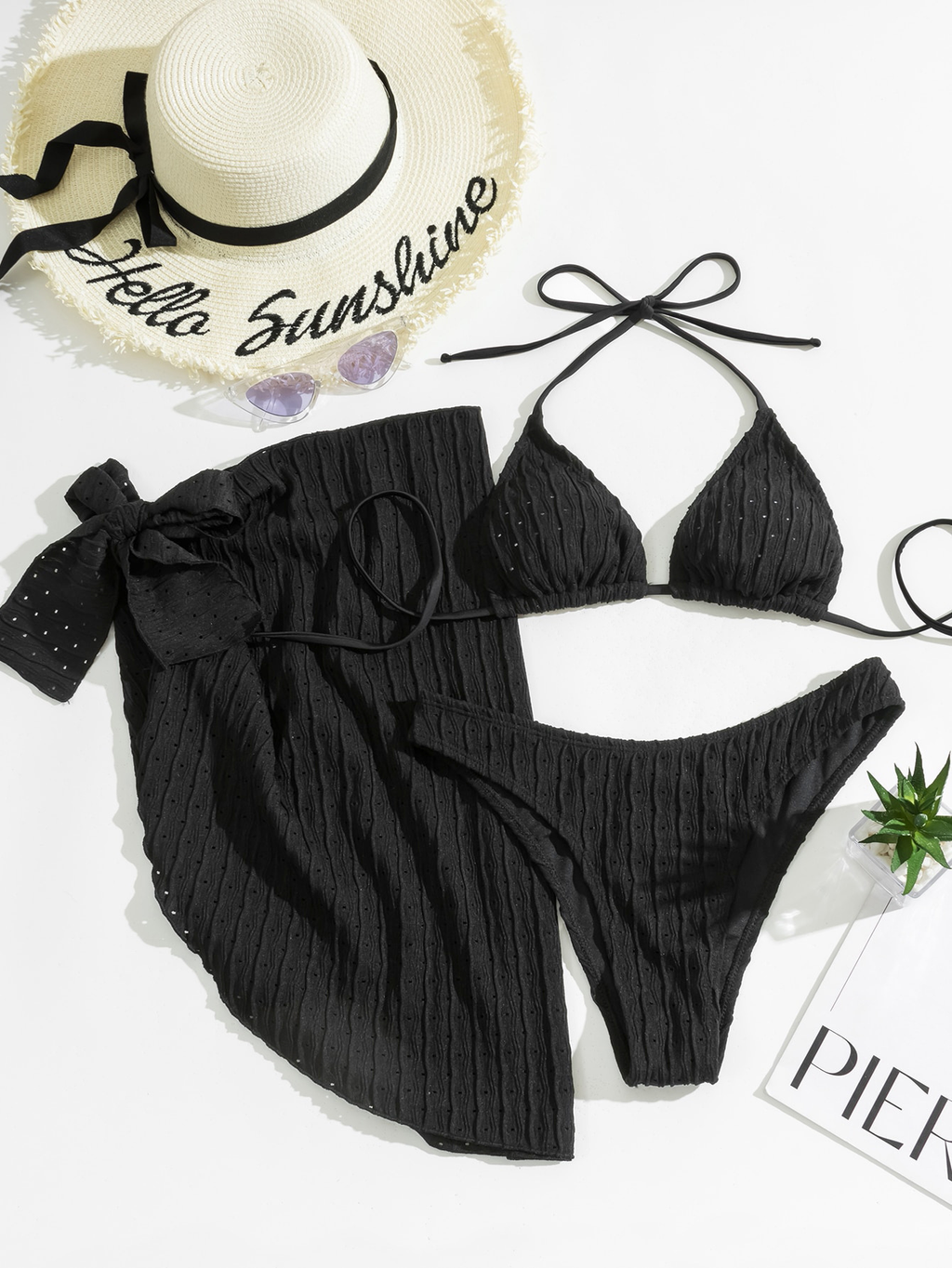 Solid Color Halter Triangle Bikini with Beach Skirt | ZAKAPOP