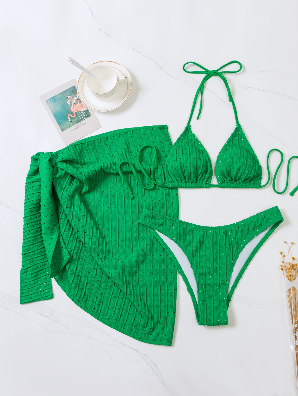 Solid Color Halter Triangle Bikini with Beach Skirt | ZAKAPOP