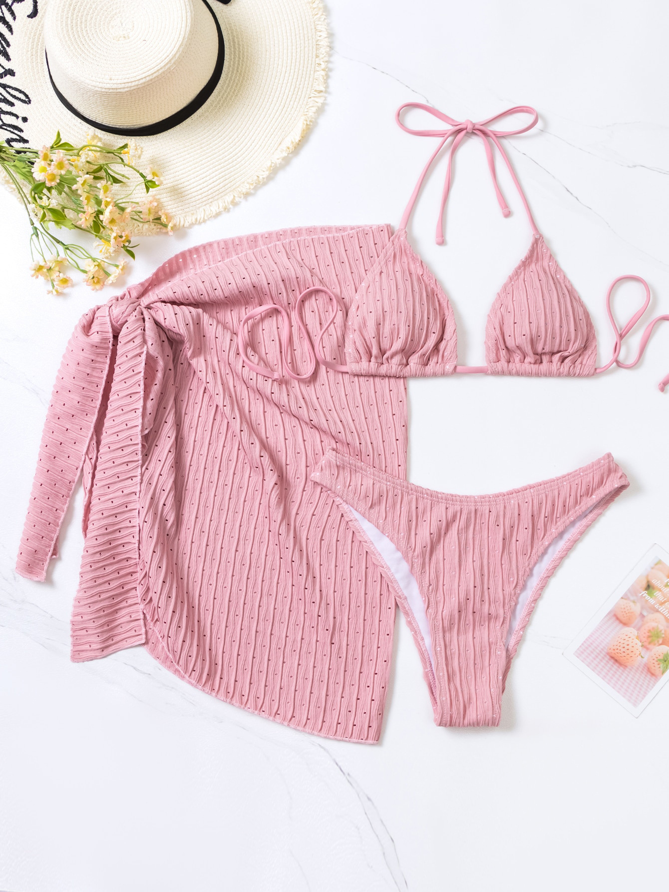 Solid Color Halter Triangle Bikini with Beach Skirt | ZAKAPOP