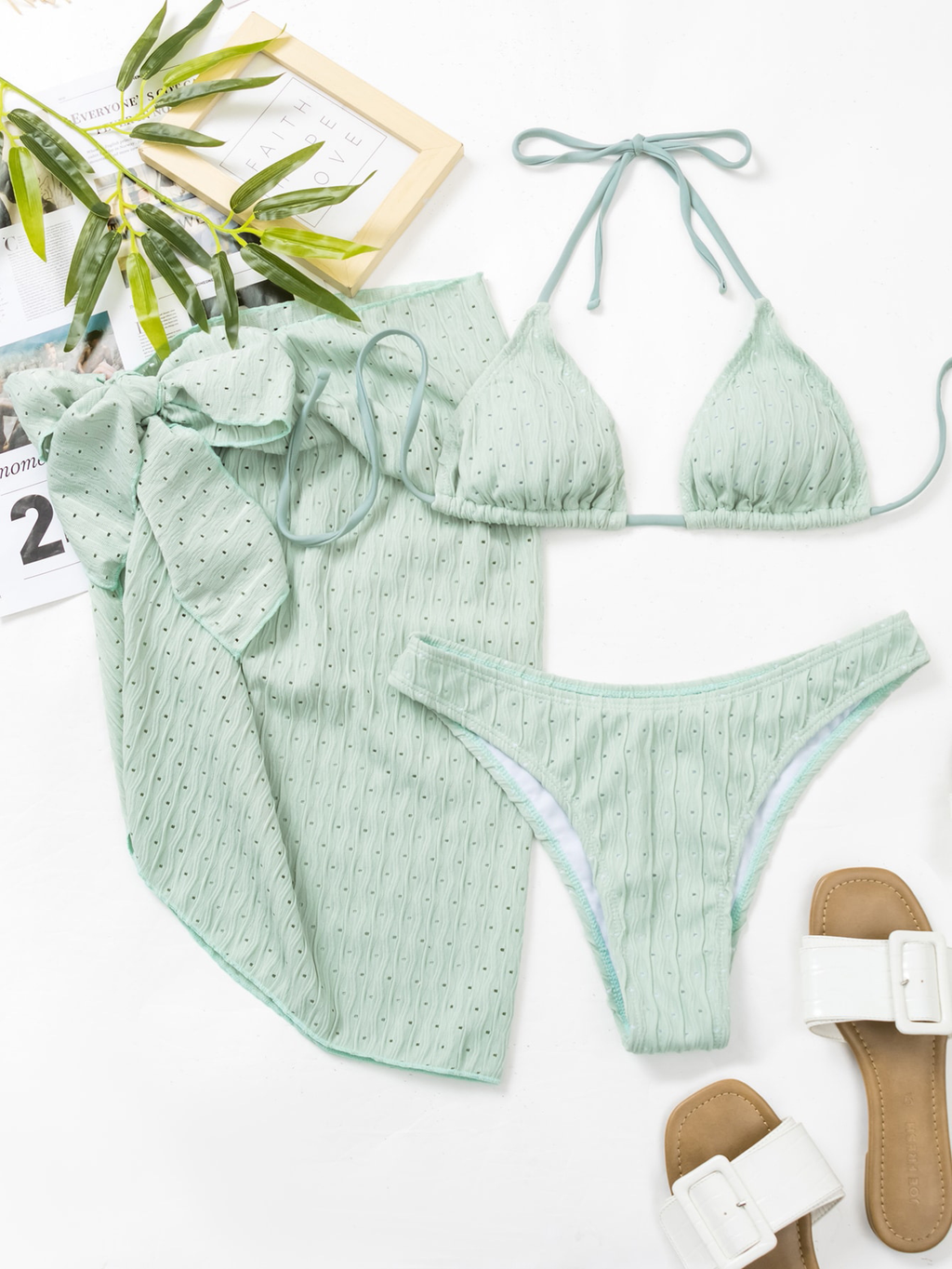 Solid Color Halter Triangle Bikini with Beach Skirt | ZAKAPOP