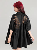 Sheer Black Short-Sleeve Shirt with Intricate Butterfly Embroidery | ZAKAPOP